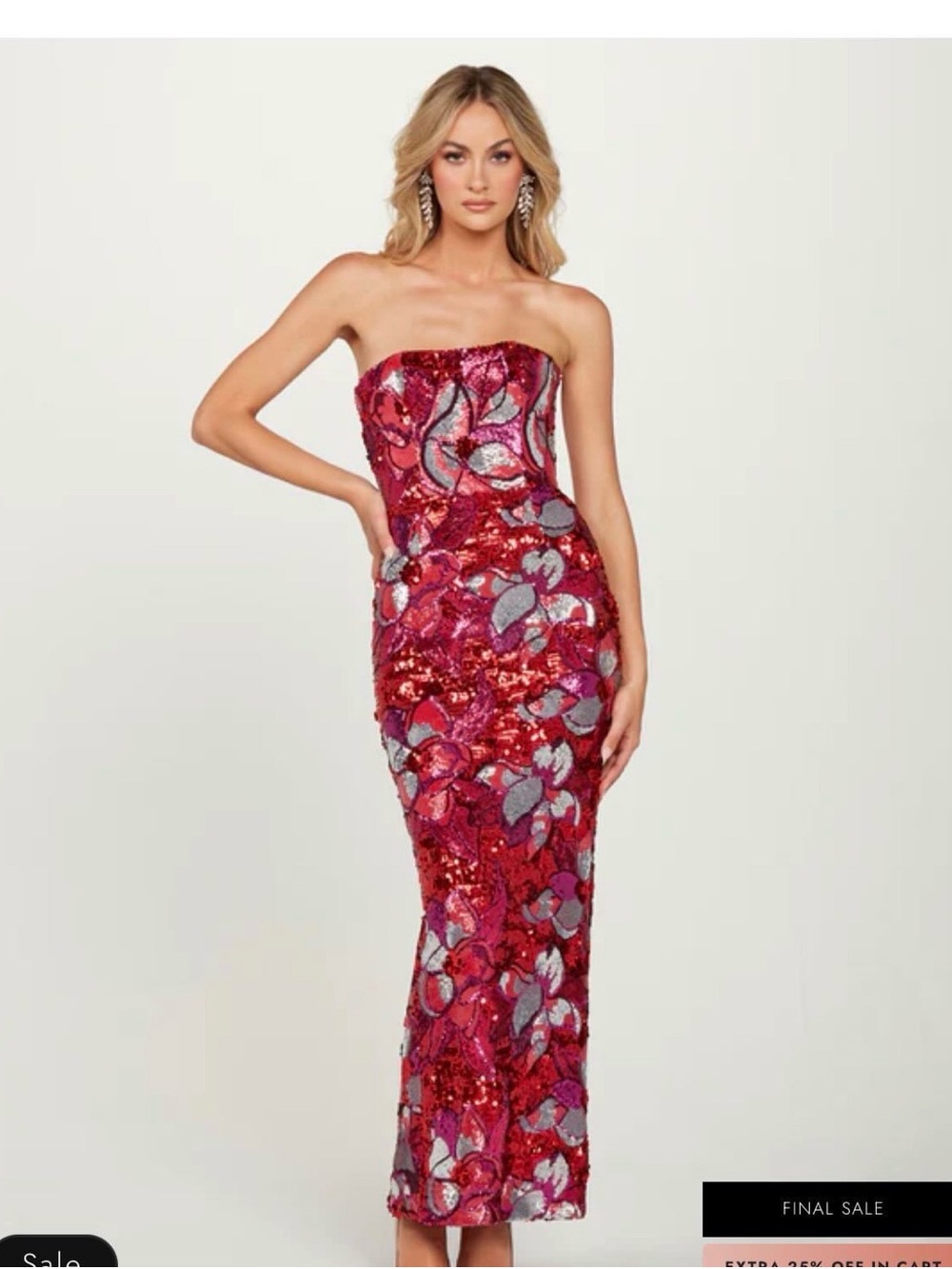 Strapless Sequined Floral Midi Dress in Red and Pink